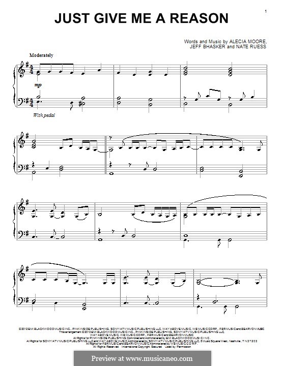 Just Give Me a Reason (Pink): Для фортепиано by Alecia Moore, Jeff Bhasker, Nathaniel Ruess