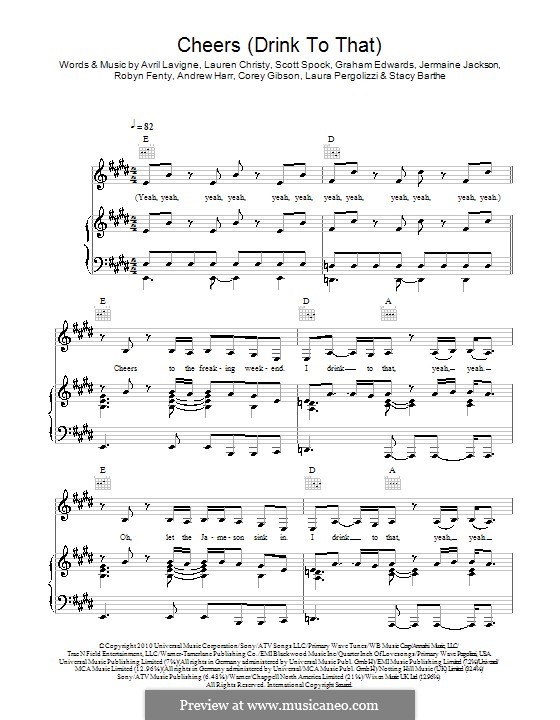 Cheers (Drink to That): Для голоса и фортепиано (или гитраы) by Andrew Harr, Avril Lavigne, Corey Gibson, Graham Edwards, Jermaine Jackson, Laura Pergolizzi, Lauren Christy, Rihanna, Scott Spock, Stacy Barthe