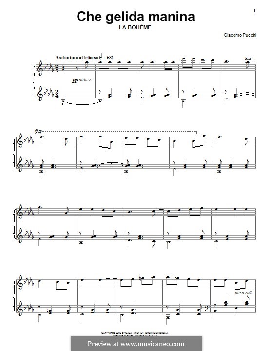 Che gelida manina: Для фортепиано by Джакомо Пуччини