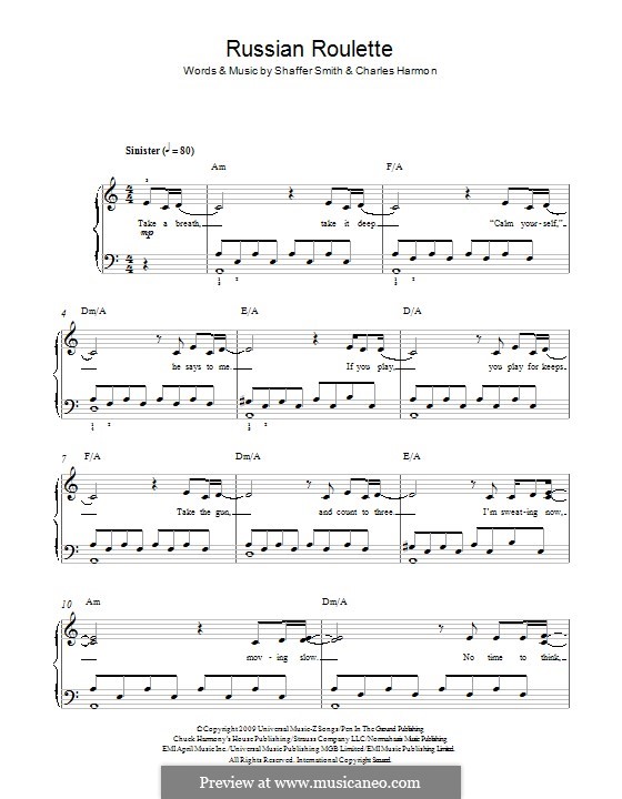 Rihanna Russian Roulette Sheet Music in F# Minor (transposable) -  Download & Print - SKU: MN0080535