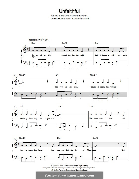 Unfaithful (Rihanna): Для фортепиано by Mikkel Storleer Eriksen, Ne-Yo, Tor Erik Hermansen