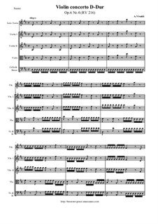 Шесть концертов для струнных, Op.6: Concerto No.4 in D Major – score and all parts, RV 216 by Антонио Вивальди