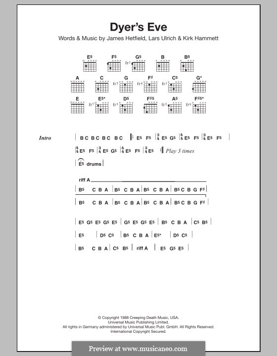 Dyer's Eve (Metallica): Текст и аккорды by James Hetfield, Kirk Hammett, Lars Ulrich