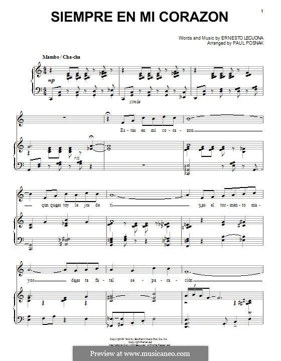 Siempre en mi Corazon: Для голоса и фортепиано by Эрнесто Лекуона