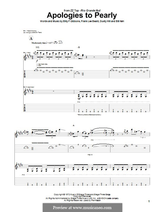 Apologies to Pearly (ZZ Top): Для гитары с табулатурой by Bill Ham, Billy F Gibbons, Dusty Hill, Frank Lee Beard