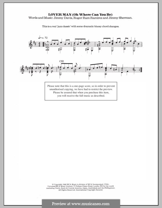 Lover Man (Oh, Where Can You Be?): Для гитары с табулатурой by Jimmie Davis, Jimmy Sherman, Roger Ramirez