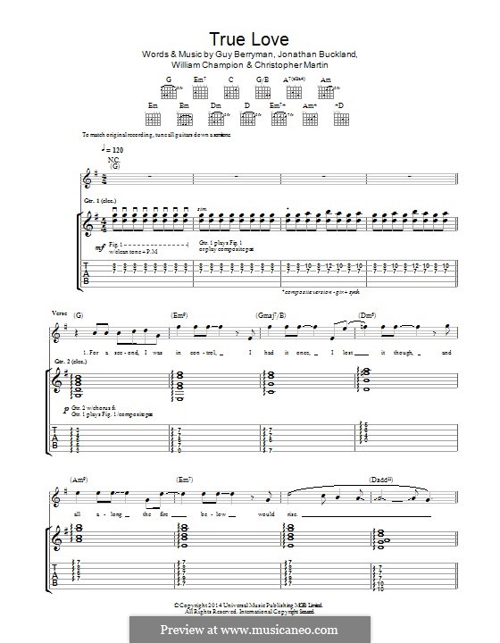 True Love (Coldplay): Для гитары с табулатурой by Chris Martin, Guy Berryman, Jonny Buckland, Will Champion