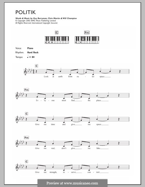 Politik (Coldplay): Для клавишного инструмента by Chris Martin, Guy Berryman, Jonny Buckland, Will Champion