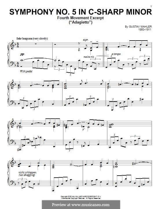 Симфония No.5 до-диез минор: Movement IV (Excerpt), for piano by Густав Малер