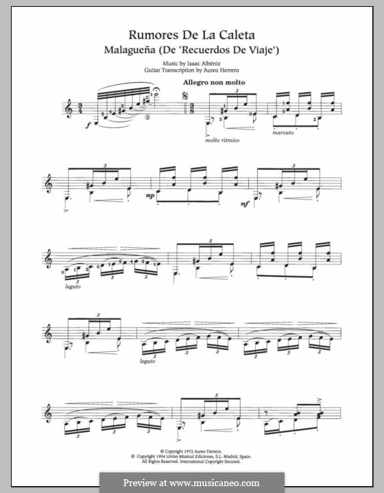 Воспоминания о путешествиях: No.6 Rumores de la Caleta, for guitar by Исаак Альбенис