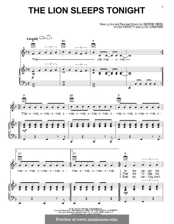 The Lion Sleeps Tonight (Wimoweh): Для голоса и фортепиано (или гитары) by George David Weiss, Hugo Peretti, Luigi Creatore