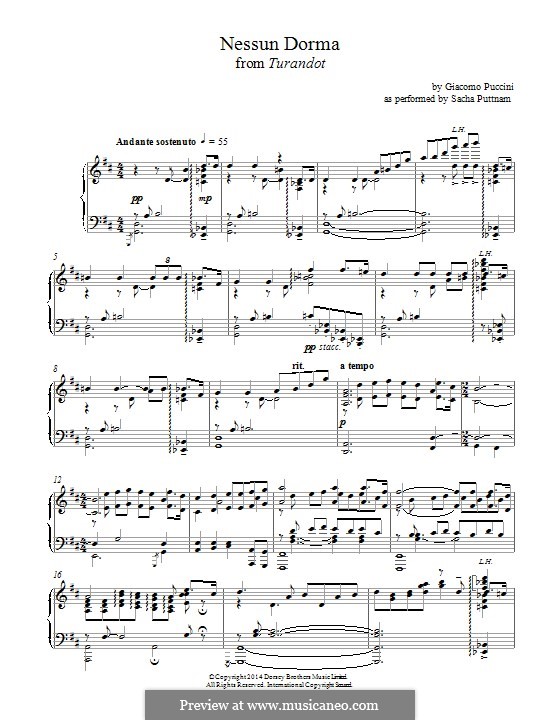 Turandot: Nessun dorma, for piano by Джакомо Пуччини