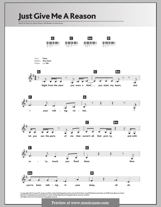 Just Give Me a Reason (Pink): Для клавишного инструмента by Alecia Moore, Jeff Bhasker, Nathaniel Ruess