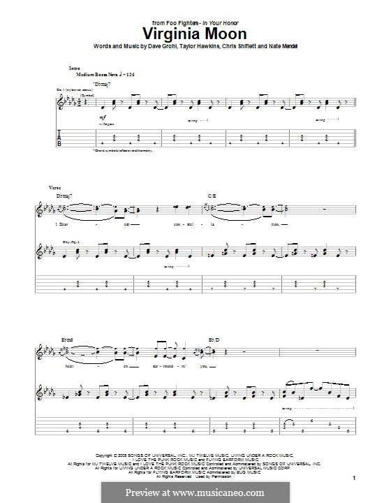 Virginia Moon (Foo Fighters): Для гитары с табулатурой by Christopher Shiflett, David Grohl, Nate Mendel, Taylor Hawkins