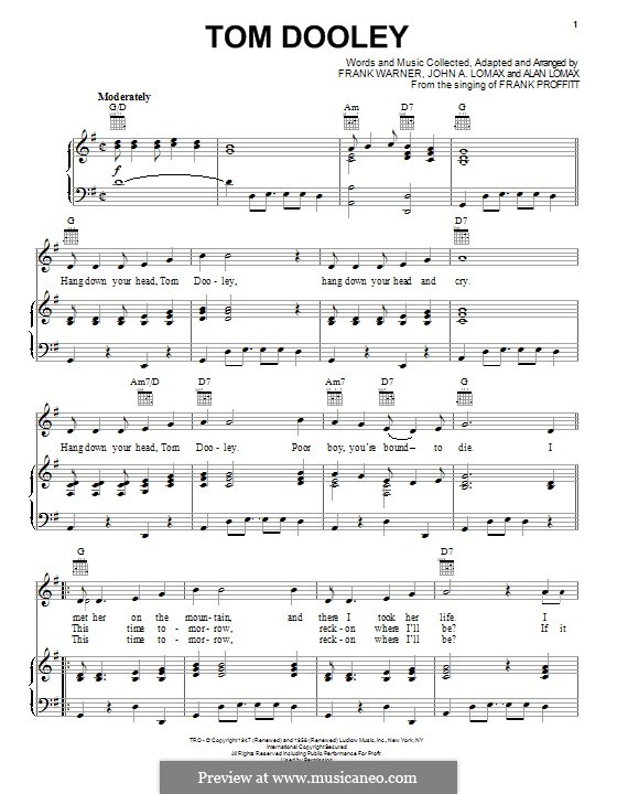 Tom Dooley (Kingston Trio): Для голоса и фортепиано (или гитары) by Alan Lomax, John A. Lomax, Frank Warner