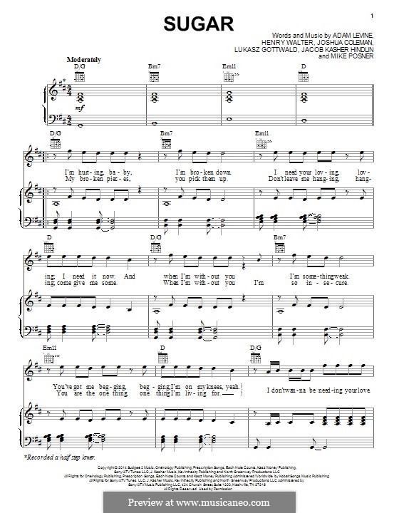 Sugar (Maroon 5): Для голоса и фортепиано (или гитары) by Adam Levine, Jacob Kasher Hindlin, Joshua Coleman, Lukas Gottwald, Mike Posner, Henry Russell Walter