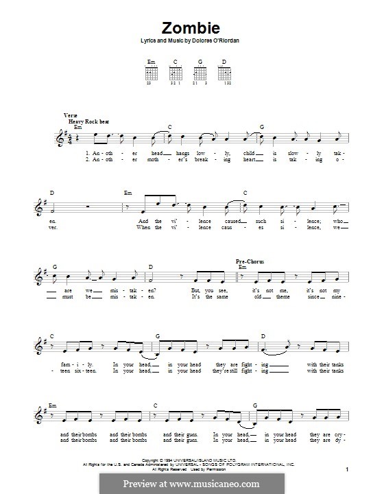 Zombie (The Cranberries): Для гитары с табулатурой by Dolores O'Riordan