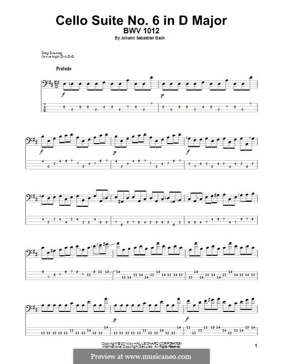 Сюита для виолончели No.6 ре мажор, BWV 1012: Arrangement for bass guitar with tab by Иоганн Себастьян Бах