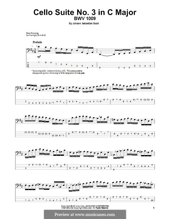 Сюита для виолончели No.3 до мажор, BWV 1009: Arrangement for bass guitar with tab by Иоганн Себастьян Бах
