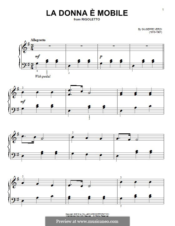 La donna è mobile (Over the Summer Sea) printable scores: Для фортепиано by Джузеппе Верди