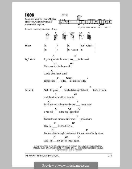 Toes (Zac Brown Band): For mandolin by John Driskell Hopkins, Shawn Mullins, Wyatt Durrette, Zac Brown