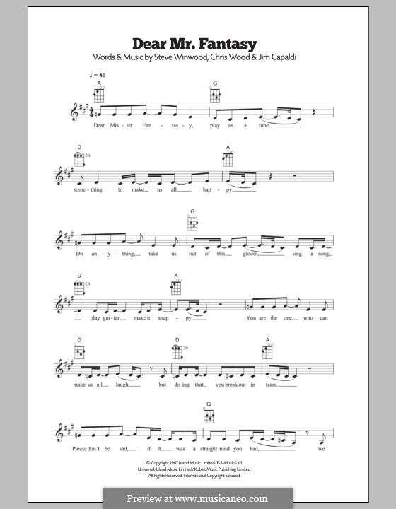Dear Mr. Fantasy (Traffic): Для укулеле by Chris Wood, Jim Capaldi, Steve Winwood