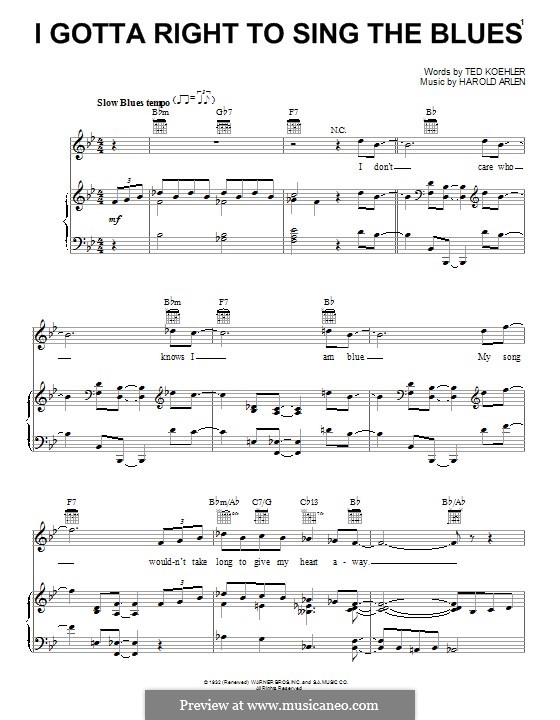 I Gotta Right to Sing the Blues: Для голоса и фортепиано (или гитары) by Harold Arlen