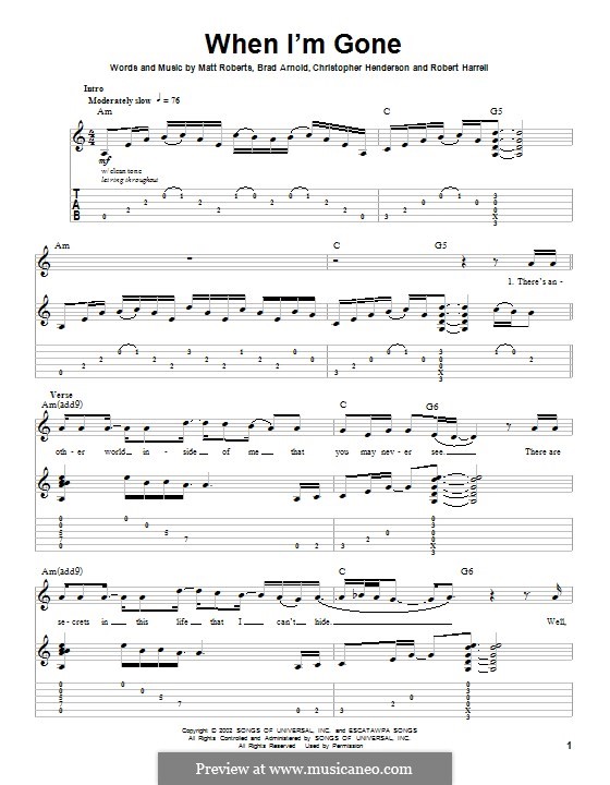 When I'm Gone (3 Doors Down): Гитарная табулатура by Brad Arnold, Christopher Henderson, Matthew Roberts, Todd Harrell