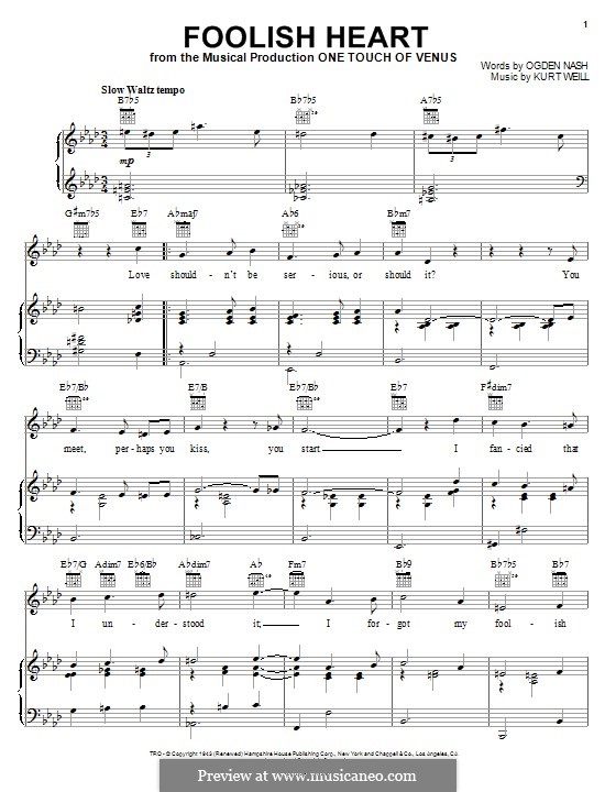 Foolish Heart (from the musical One Touch of Venus): Для голоса и фортепиано (или гитары) by Kurt Weill