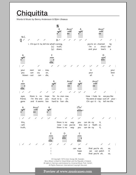 Chiquitita (ABBA): Для укулеле by Benny Andersson, Björn Ulvaeus