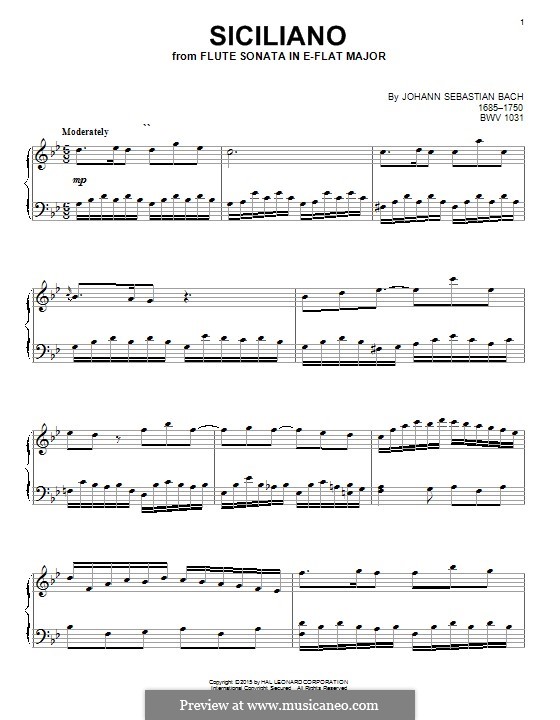 Соната для флейты и клавесина No.2 ми-бемоль мажор, BWV 1031: Siciliano. Arrangement for piano by Иоганн Себастьян Бах