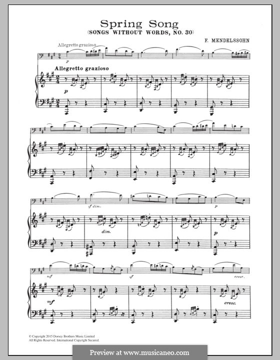 Песни без слов, Op.62: No.6 Spring Song, for cello and piano by Феликс Мендельсон-Бартольди