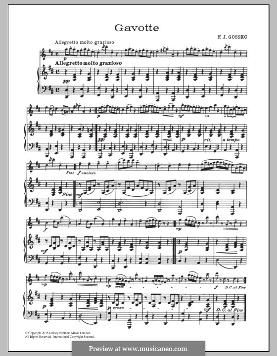 Гавот ре мажор: Для флейты и фортепиано by Франсуа Жозеф Госсек