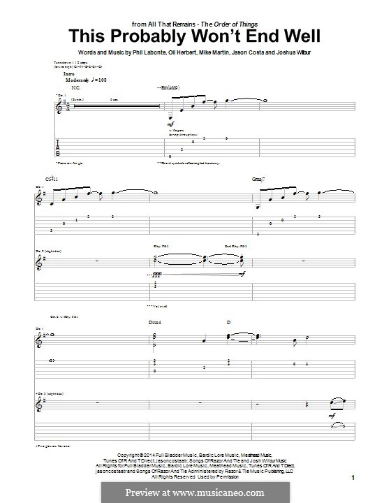 This Probably Won't End Well (All That Remains): Гитарная табулатура by Jason Costa, Mike Martin, Oli Herbert, Philip LaBonte, Joshua Wilbur