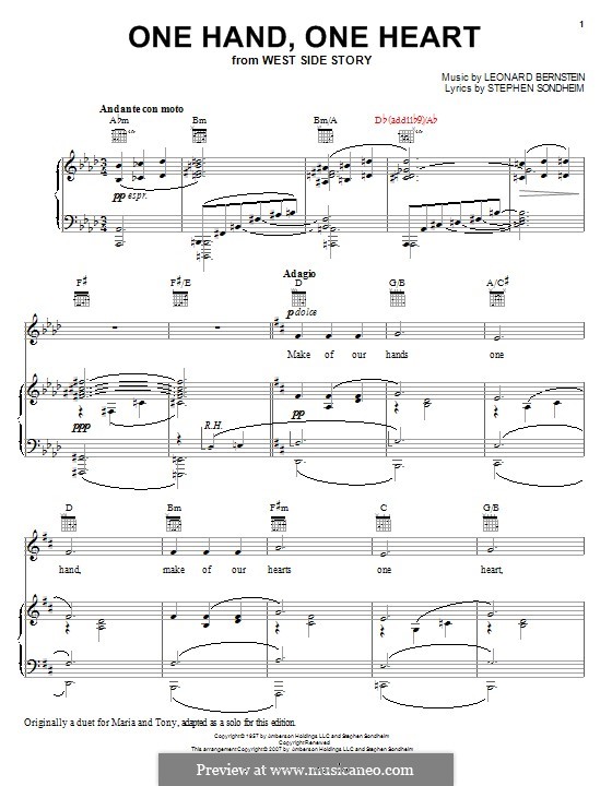 One Hand, One Heart: Для голоса и фортепиано (или гитары) by Леонард Бернстайн