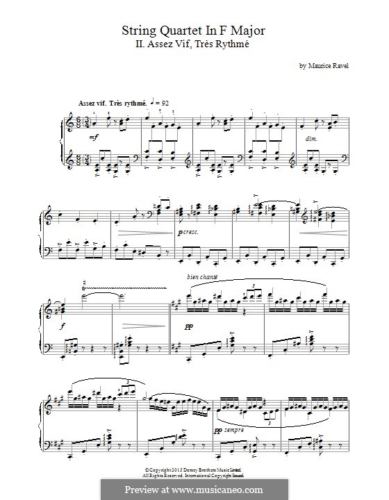 Струнный квартет фа мажор, M.35: Movement II Assez Vif, Très Rythmé, for piano by Морис Равель