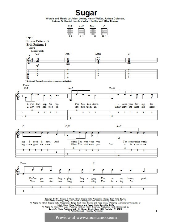 Sugar (Maroon 5): Гитарная табулатура by Adam Levine, Jacob Kasher Hindlin, Joshua Coleman, Lukas Gottwald, Mike Posner, Henry Russell Walter
