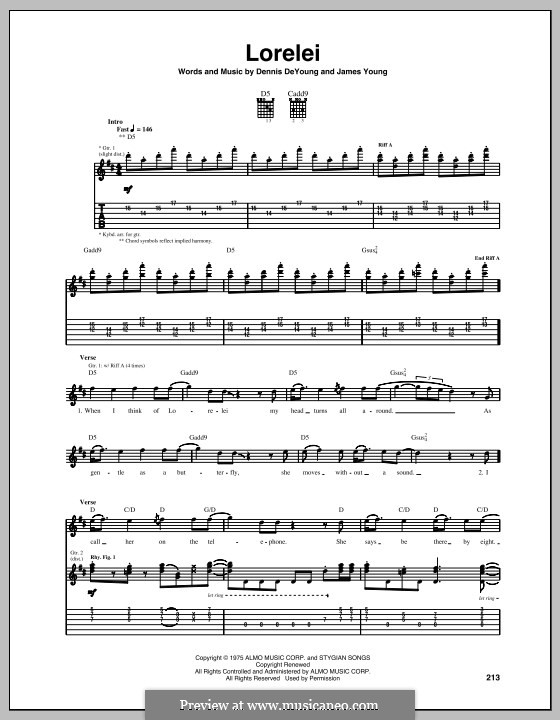 Lorelei (Styx): Гитарная табулатура by Dennis DeYoung, James Young