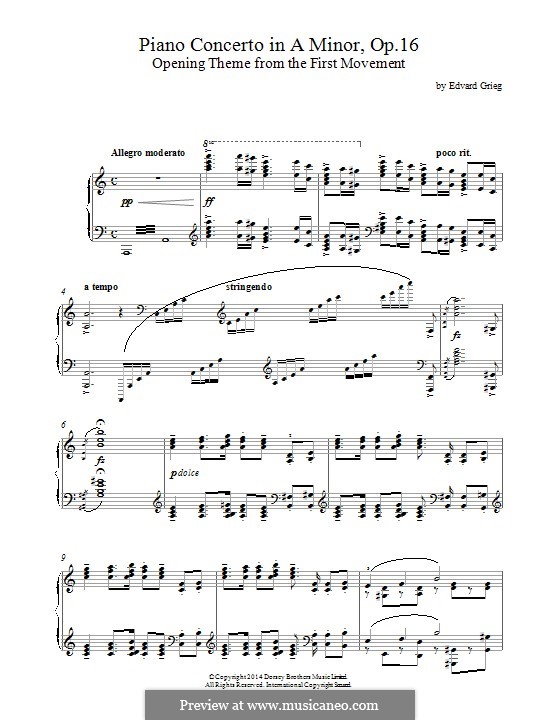 Концерт для фортепиано с оркестром ля минор, Op.16: Opening theme. Version for piano by Эдвард Григ
