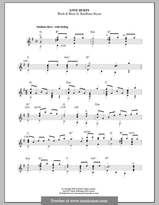 Love Hurts (The Everly Brothers): Гитарная табулатура by Boudleaux Bryant