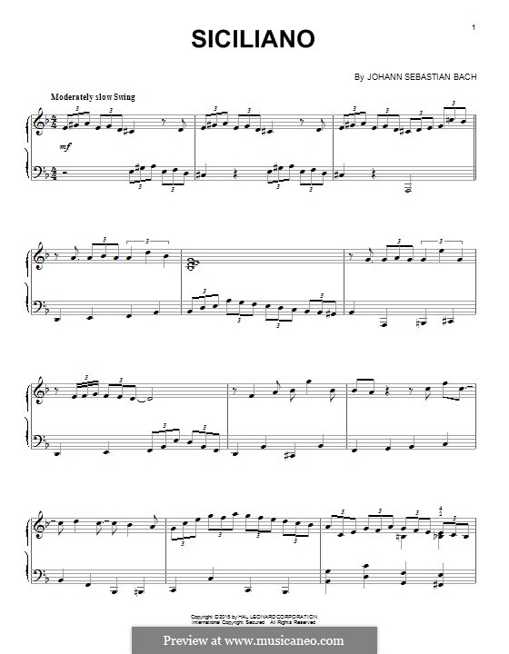 Соната для флейты и клавесина No.2 ми-бемоль мажор, BWV 1031: Siciliano. Arrangement for piano (jazz version) by Иоганн Себастьян Бах
