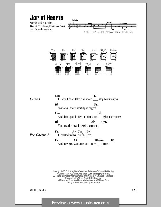 Jar of Hearts: Текст, аккорды by Barrett Yeretsian, Christina Perri, Drew Lawrence