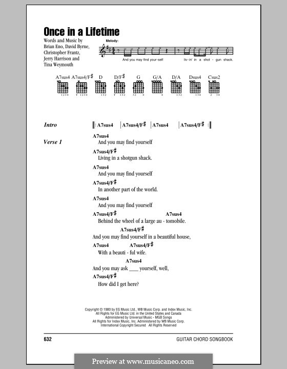 Once in a Lifetime (Talking Heads): Текст, аккорды by Brian Eno, Christopher Frantz, David Byrne, Jerry Harrison, Tina Weymouth