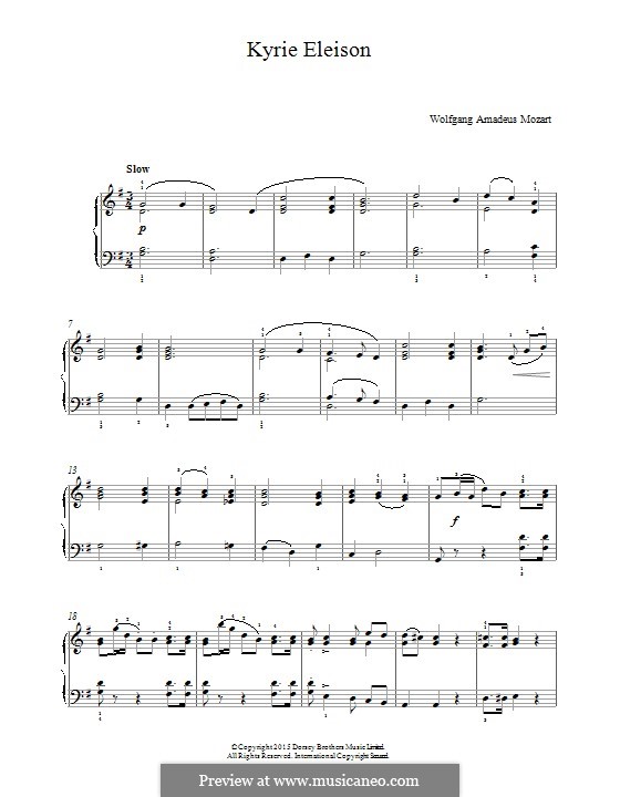 Месса No.12 до мажор (Missa brevis No.8) 'Organ Solo', K.259: Kyrie Eleison, for piano by Вольфганг Амадей Моцарт