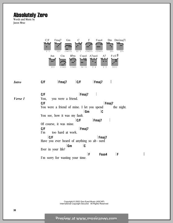 Absolutely Zero: Текст, аккорды by Jason Mraz