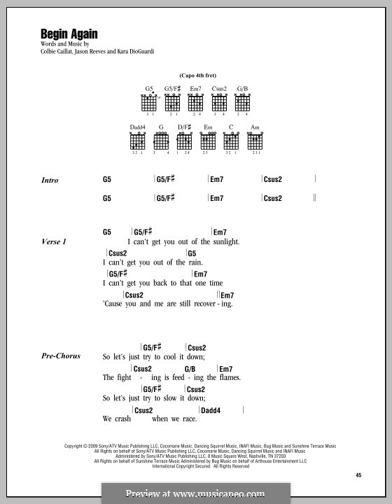 Begin Again: Текст, аккорды by Jason Reeves, Kara DioGuardi