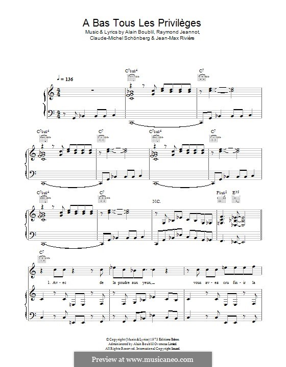 A Bas Tous les Privileges: Для голоса и фортепиано (или гитары) by Claude-Michel Schönberg