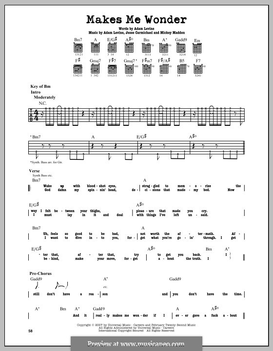 Makes Me Wonder (Maroon 5): Гитарная табулатура by Adam Levine, Jesse Carmichael, Mickey Madden