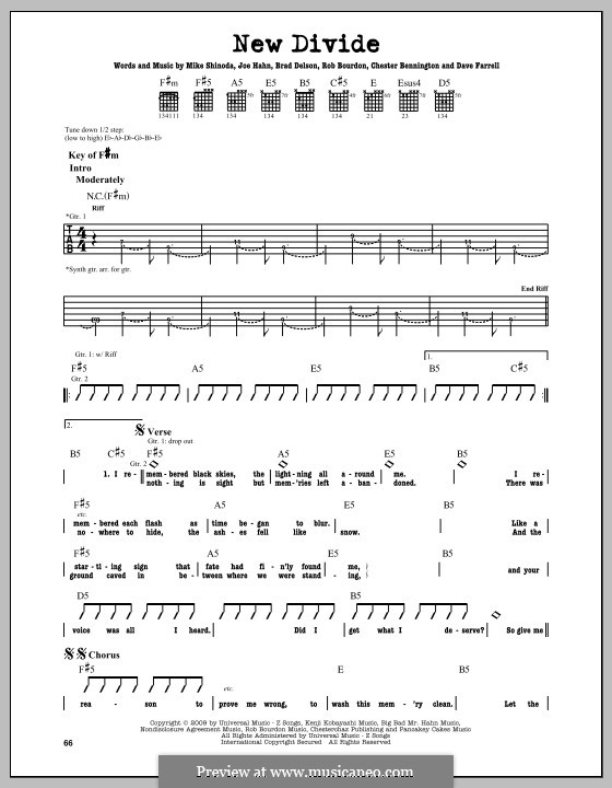 New Divide (from 'Transformers: Revenge of The Fallen') Linkin Park: Гитарная табулатура by Brad Delson, Charles Bennington, David Farrell, Joseph Hahn, Mike Shinoda, Rob Bourdon