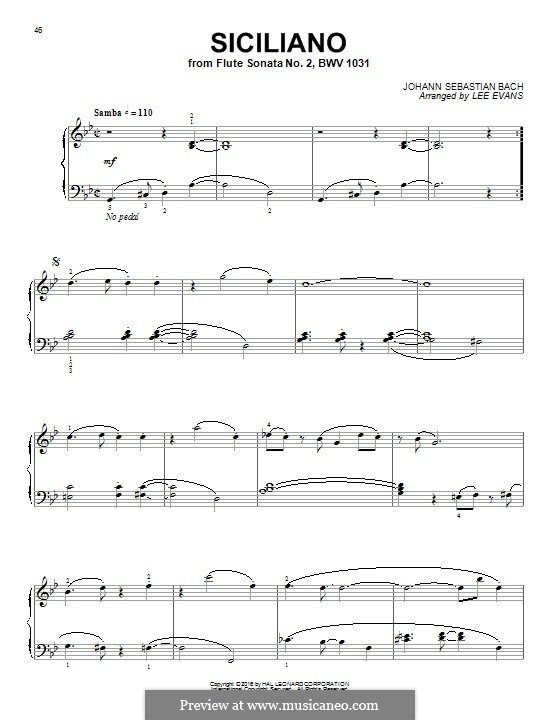 Соната для флейты и клавесина No.2 ми-бемоль мажор, BWV 1031: Siciliano. Arrangement for piano by Иоганн Себастьян Бах
